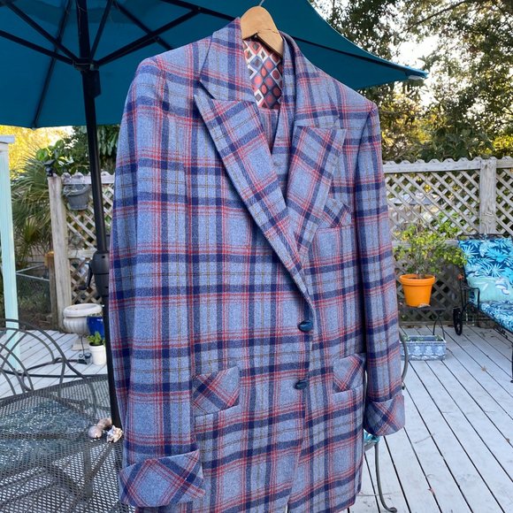 Vintage 1970's plaid wool three piece suit